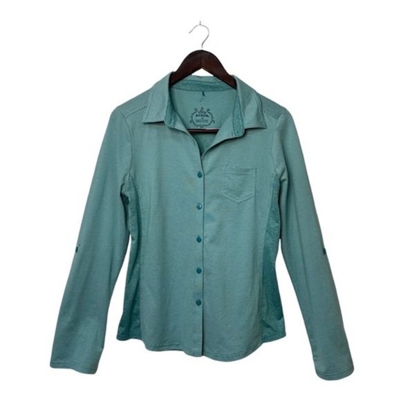 PrAna Blue Stretch Roll Tab Long Sleeve Striped Button Up Two Tone Geometric Top - Picture 1 of 9